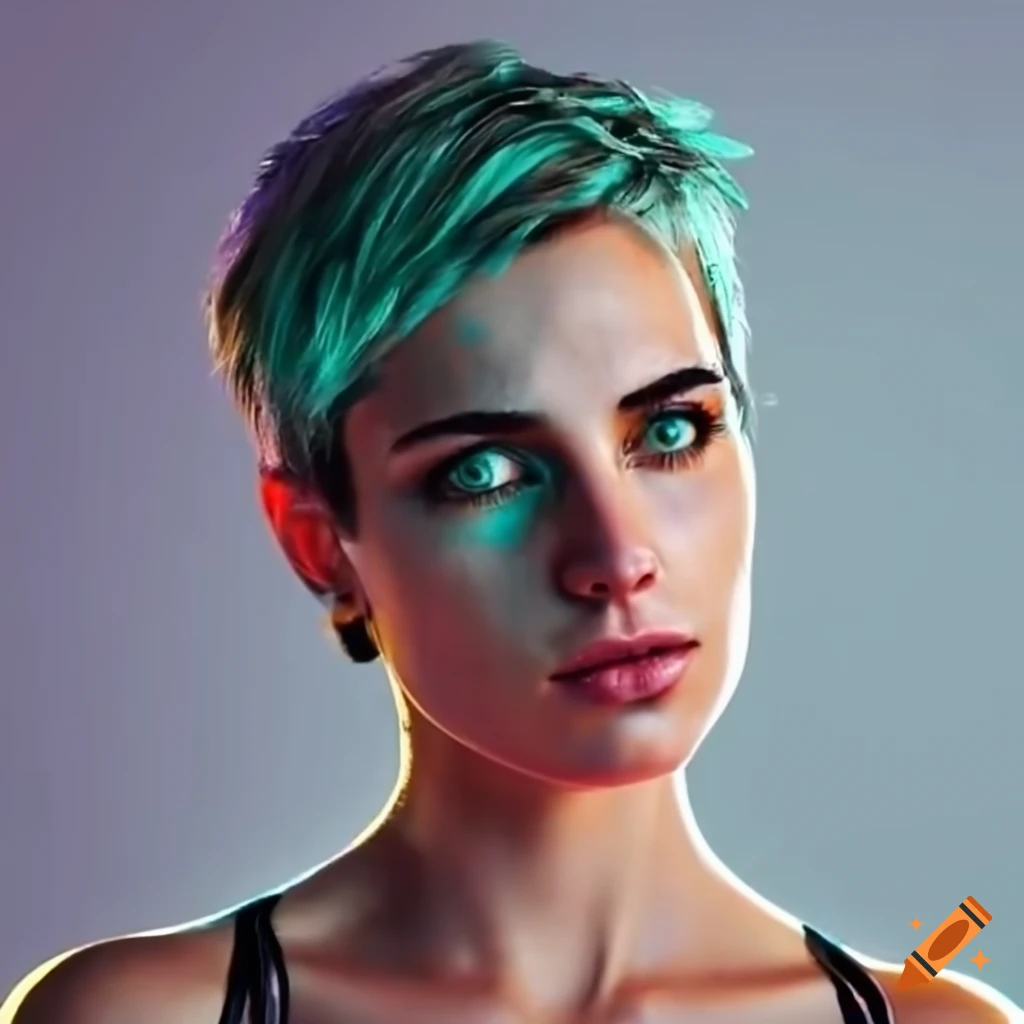Portrait Of A 30 year old Caucasian Woman With Short Hair In Futuristic portrait-of-a-30-year-old-caucasian-woman-with-short-hair-in-futuristic