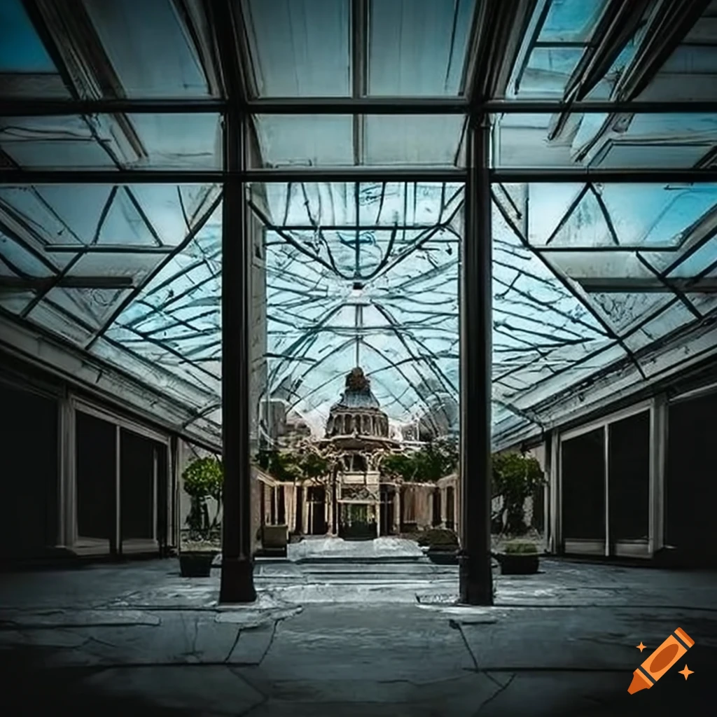 modern glass-roofed courtyard waiting area