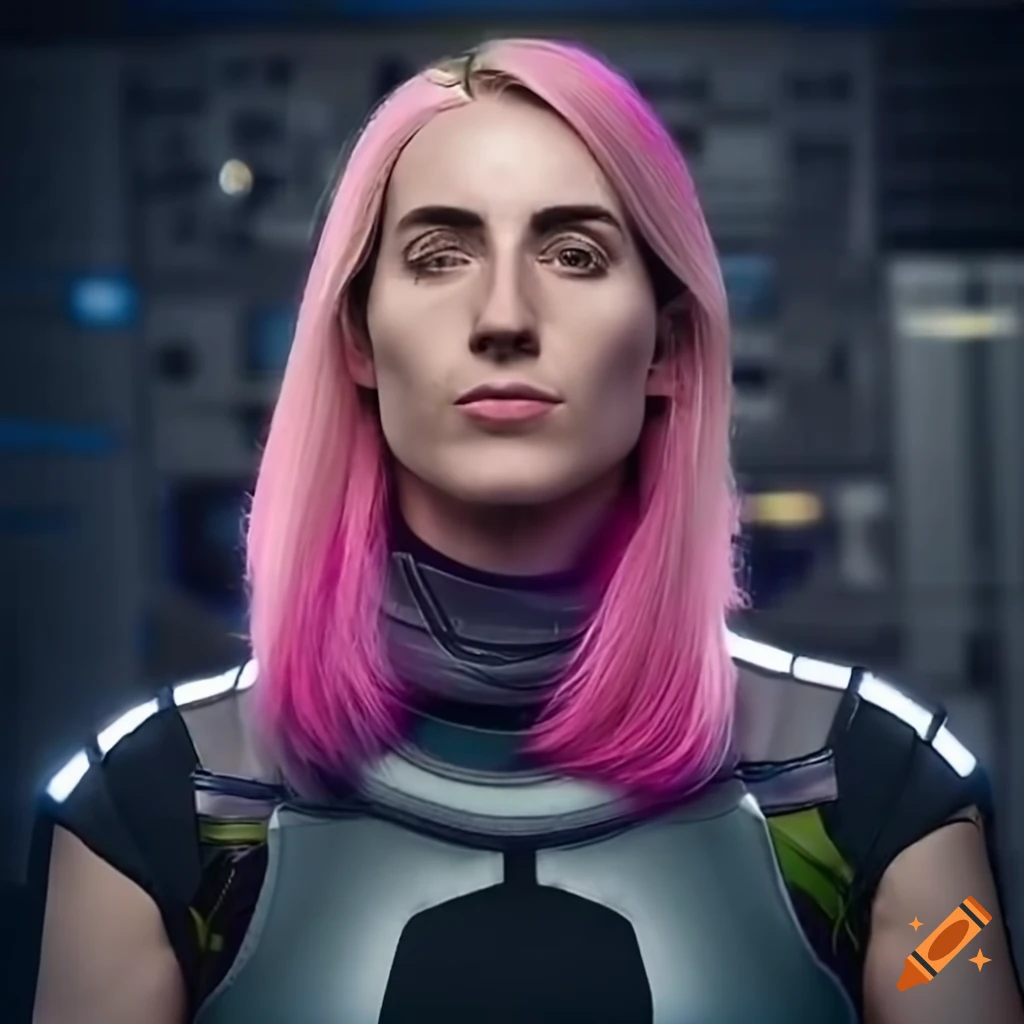 30-year-old woman with short pink hair in futuristic clothing