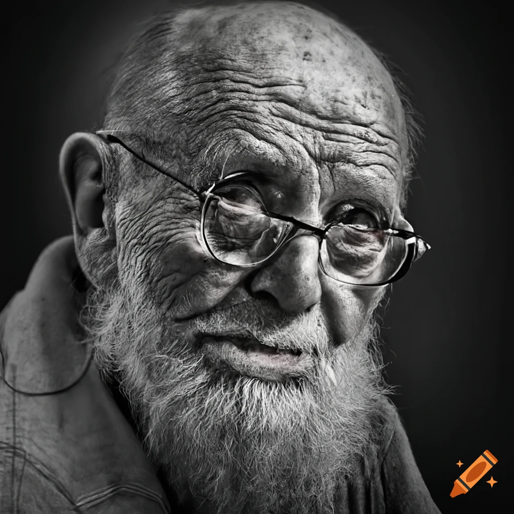 black and white portrait of an elderly person with wrinkles and glasses