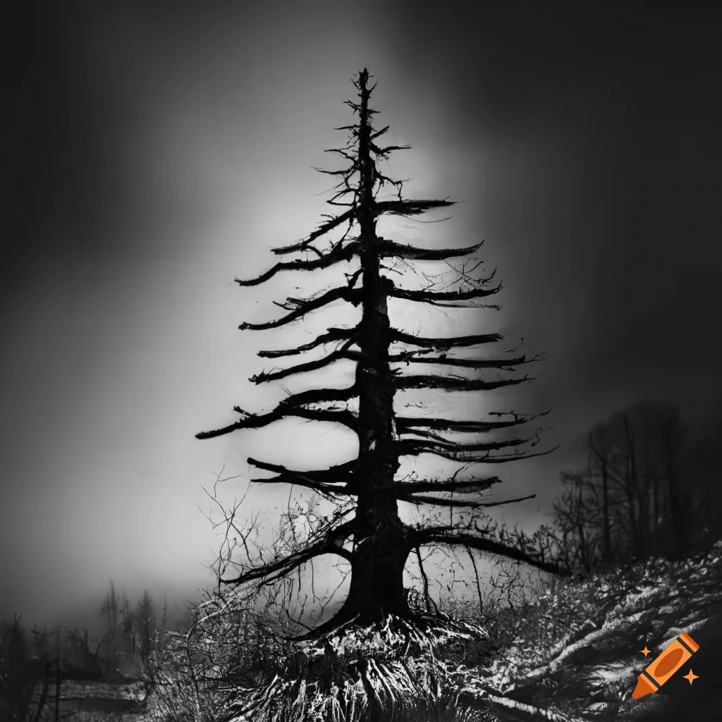 creepy black and white image of a pine tree