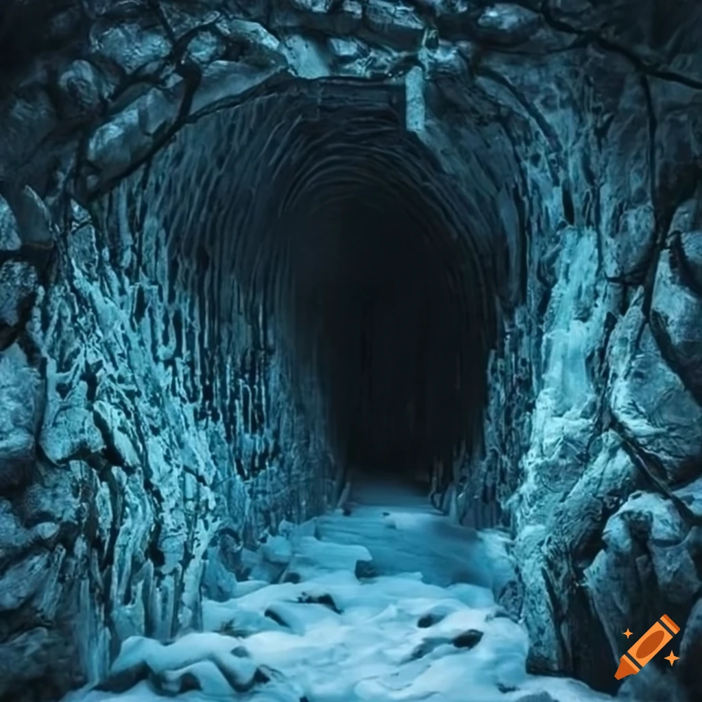eerie stone tunnel covered in ice