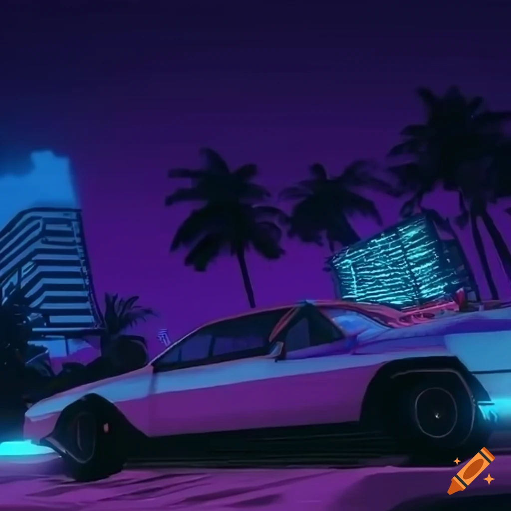 synthwave car with palm trees in GTA