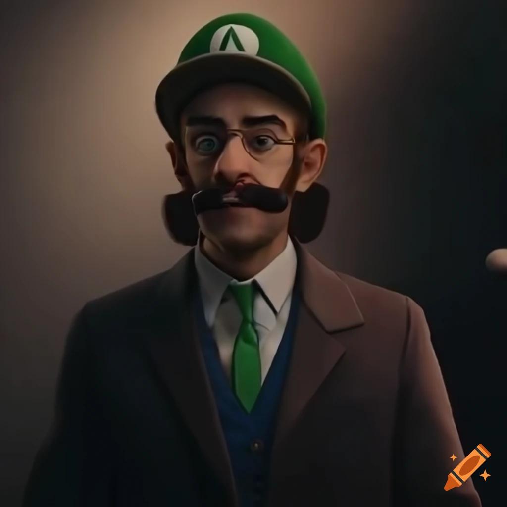 Hyper-realistic depiction of luigi investigating a mysterious case