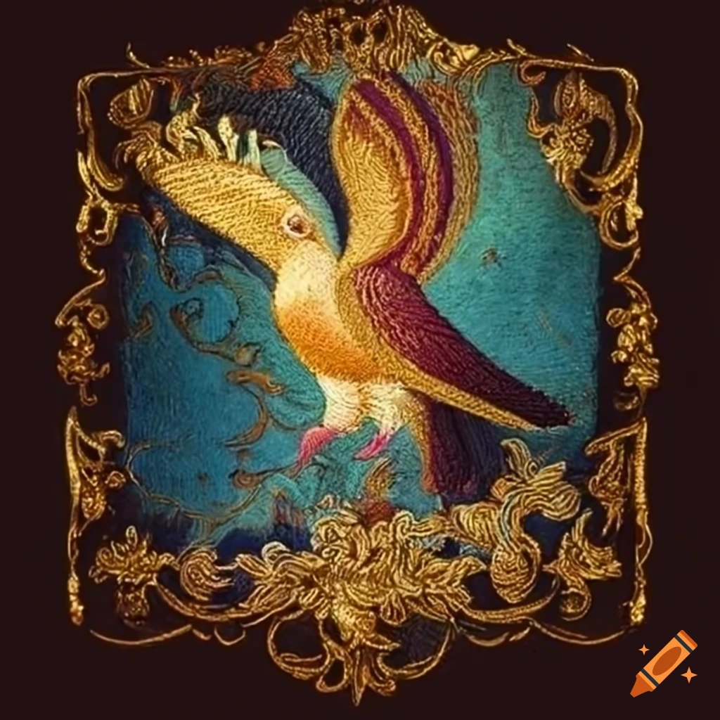 Pigeon with golden embroidery and divine aura on Craiyon