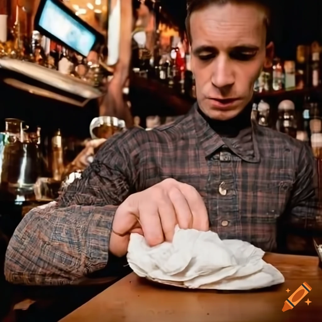 fisheye view of a bartender cleaning the camera in a 1940 bar