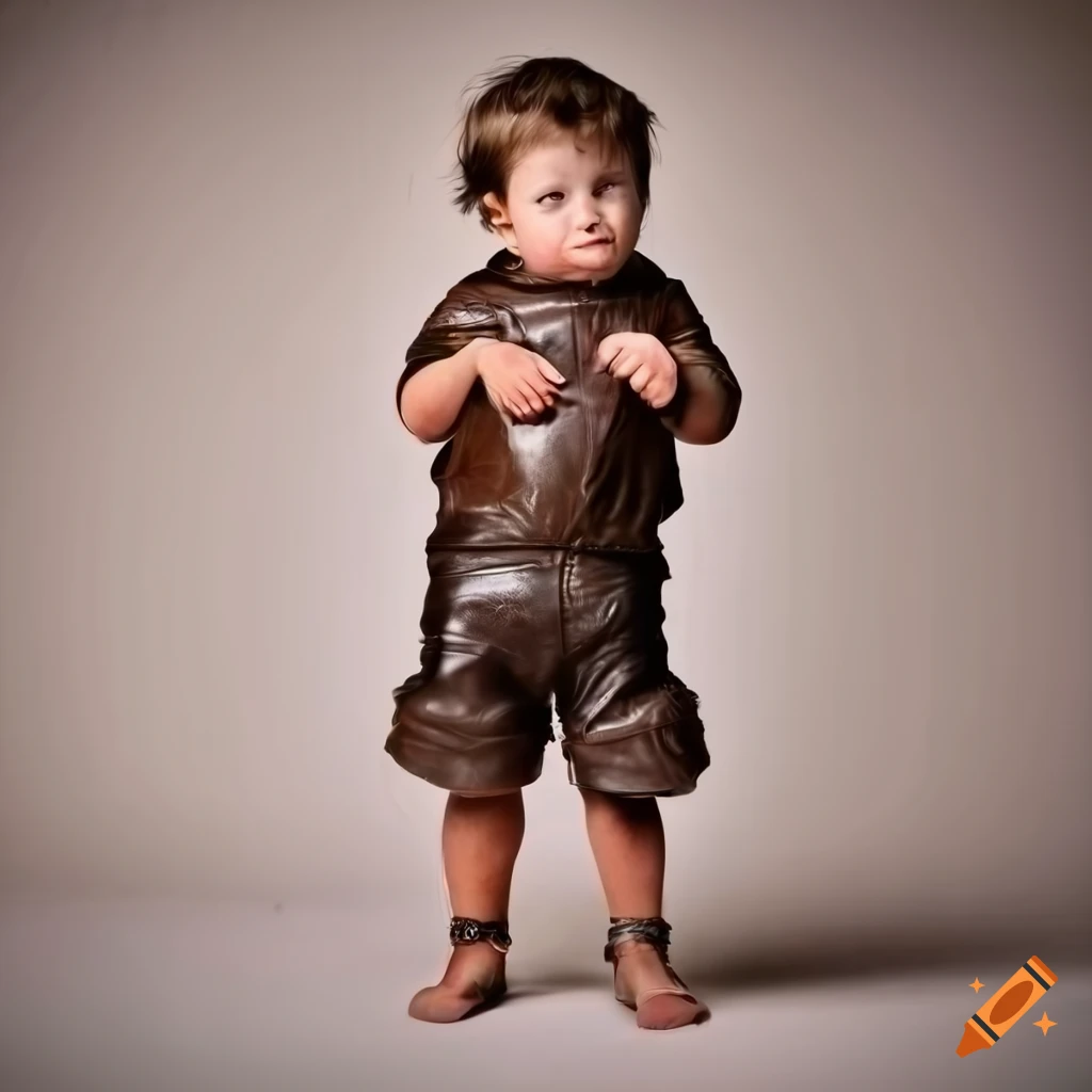 toddler boy in vintage leather shorts near a toilet