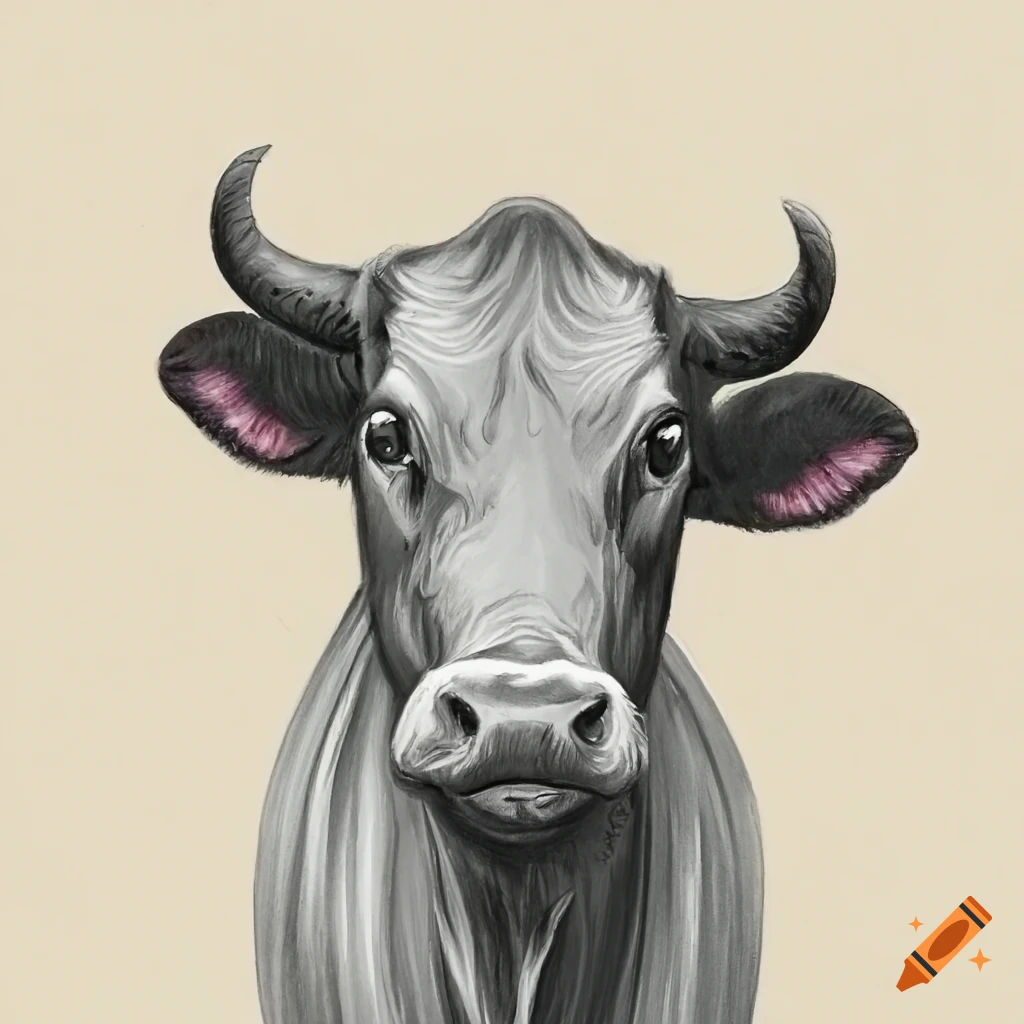 Cow In Sunshine, Pencil Drawing of Beef Cow