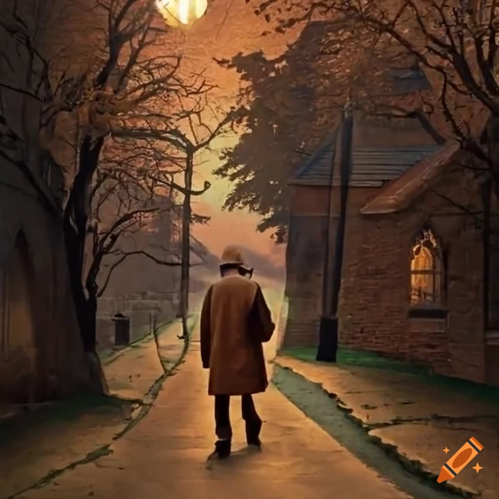 old man walking with a lantern at a churchyard
