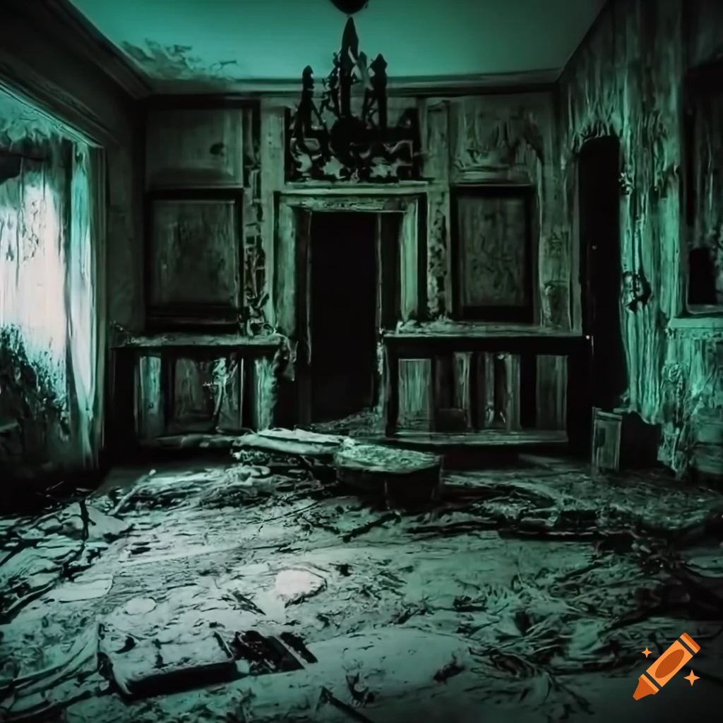 photorealistic creepy haunted house interior at night