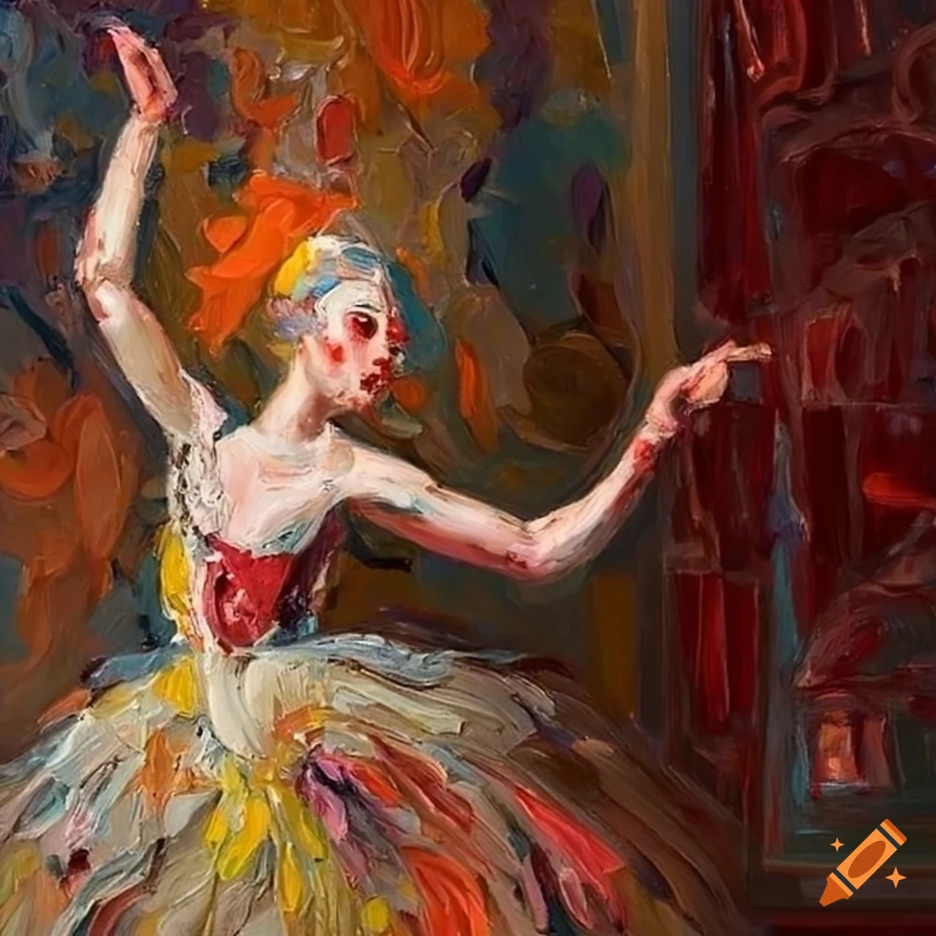 acrylic impasto painting of a clown ballerina in a grand ballroom