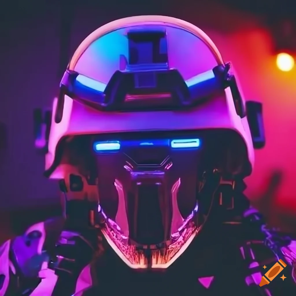 Futuristic military helmet with vibrant neon visor on Craiyon
