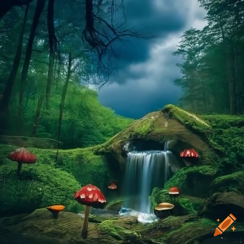 Enchanted forest, Forest, Mushrooms, Landascape, Waterfall