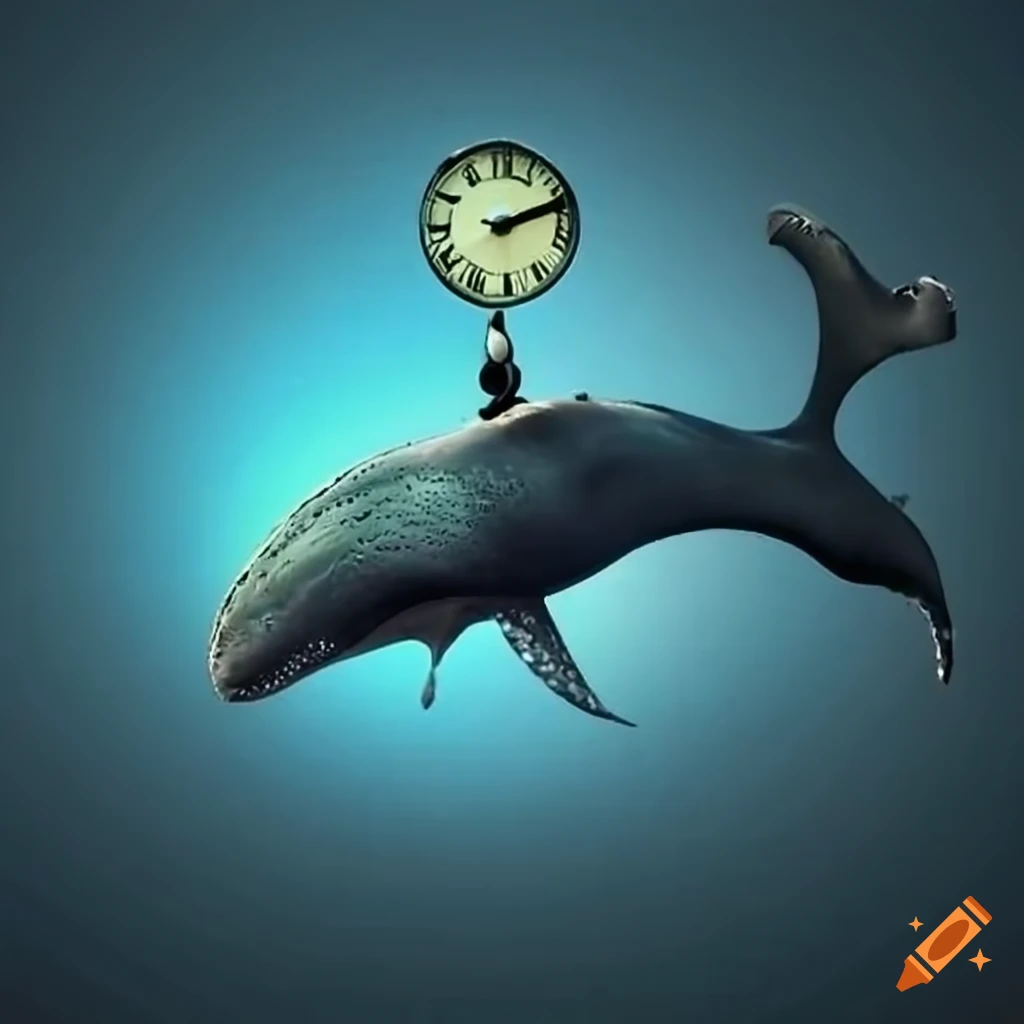 artistic depiction of a whale with a clock head