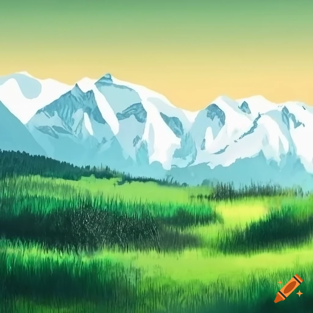 map of a green grassland surrounded by snowy mountains