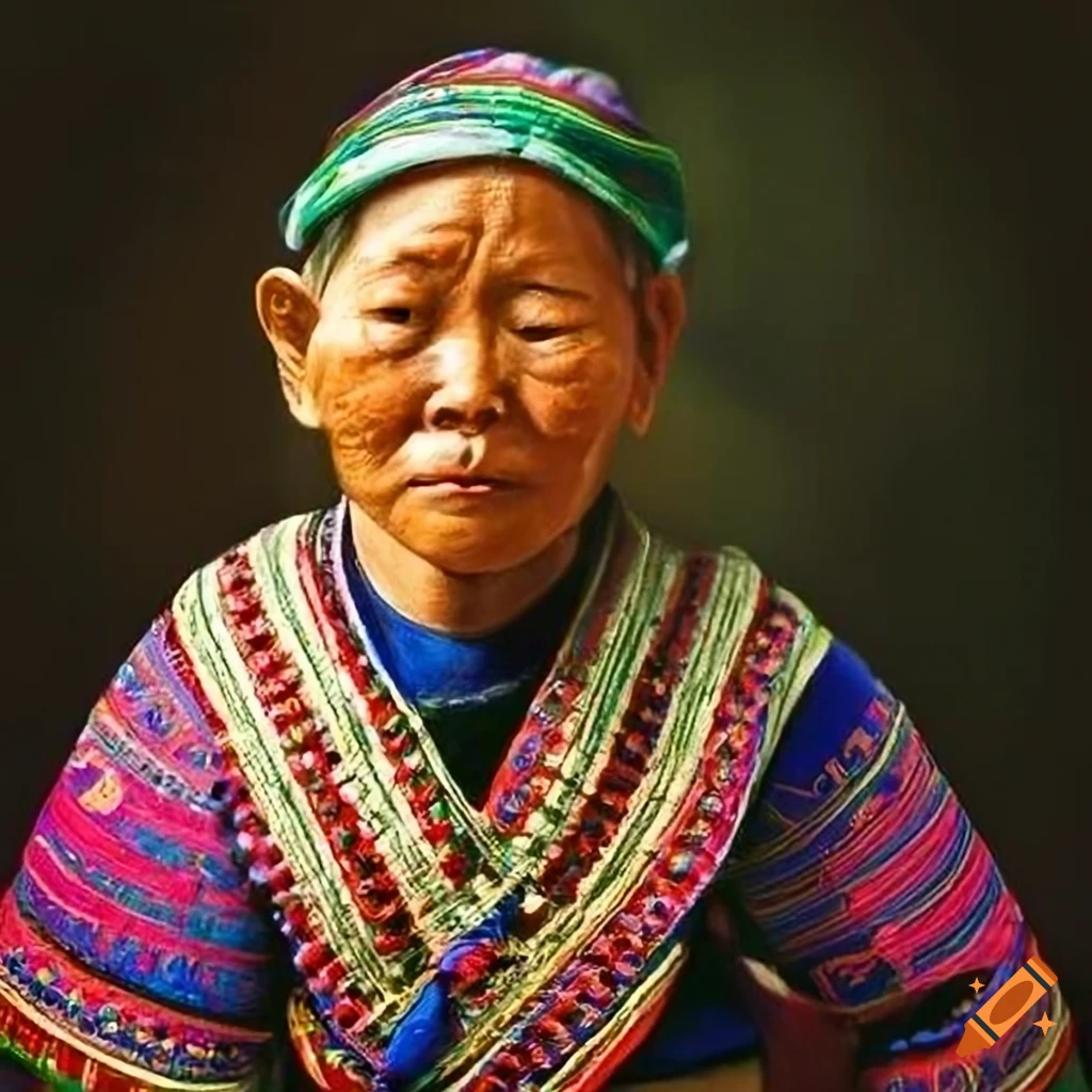 Hmong person holding a frog doll in Norman Rockwell style