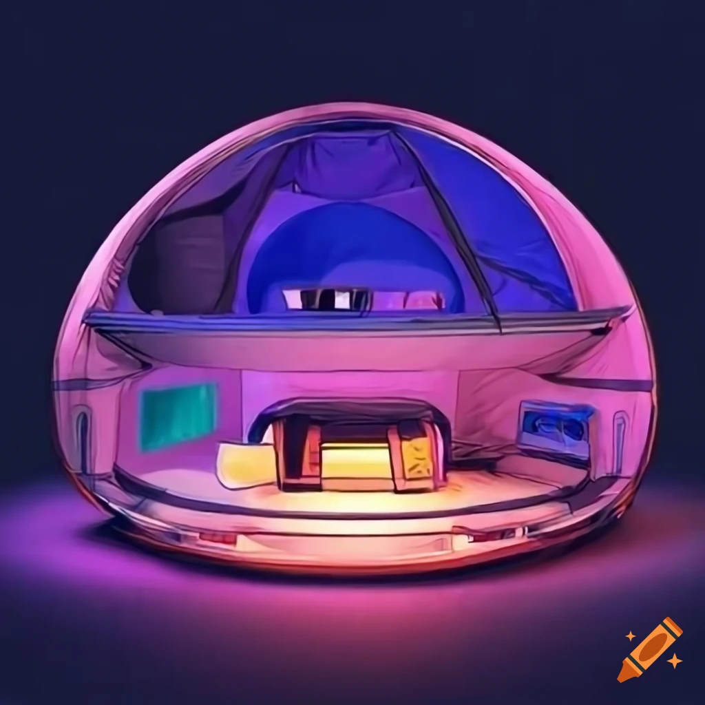 technical drawing of a Japanese retro futuristic modular pop-up camper tent space colony pod