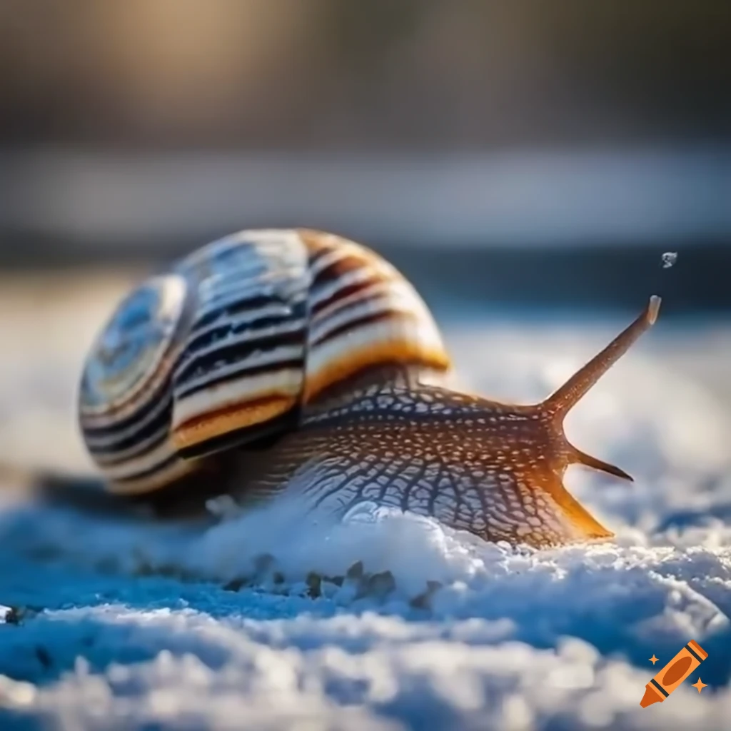 photograph of a snail in the snow at golden hour