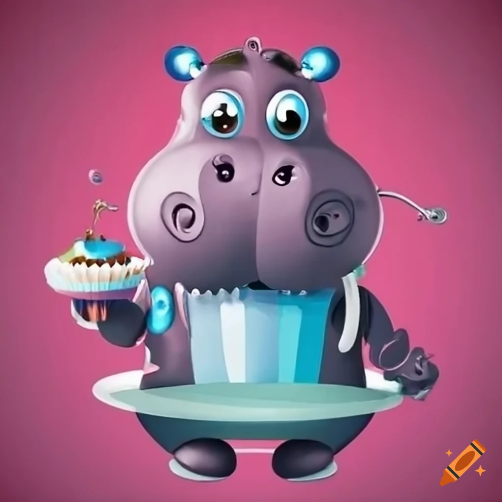 cute mechanical doctor hippo with a cupcake