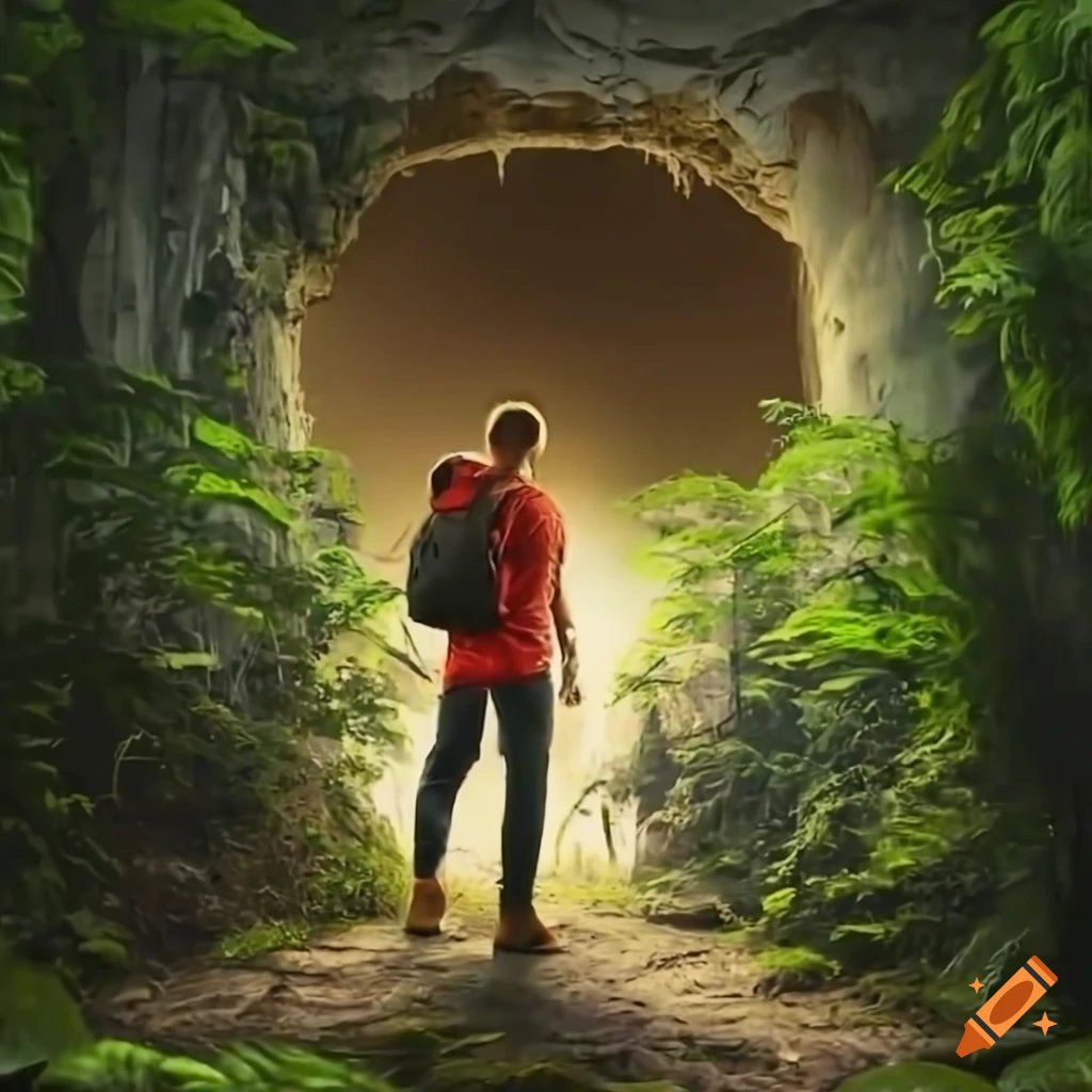 man standing in the jungle with a red backpack
