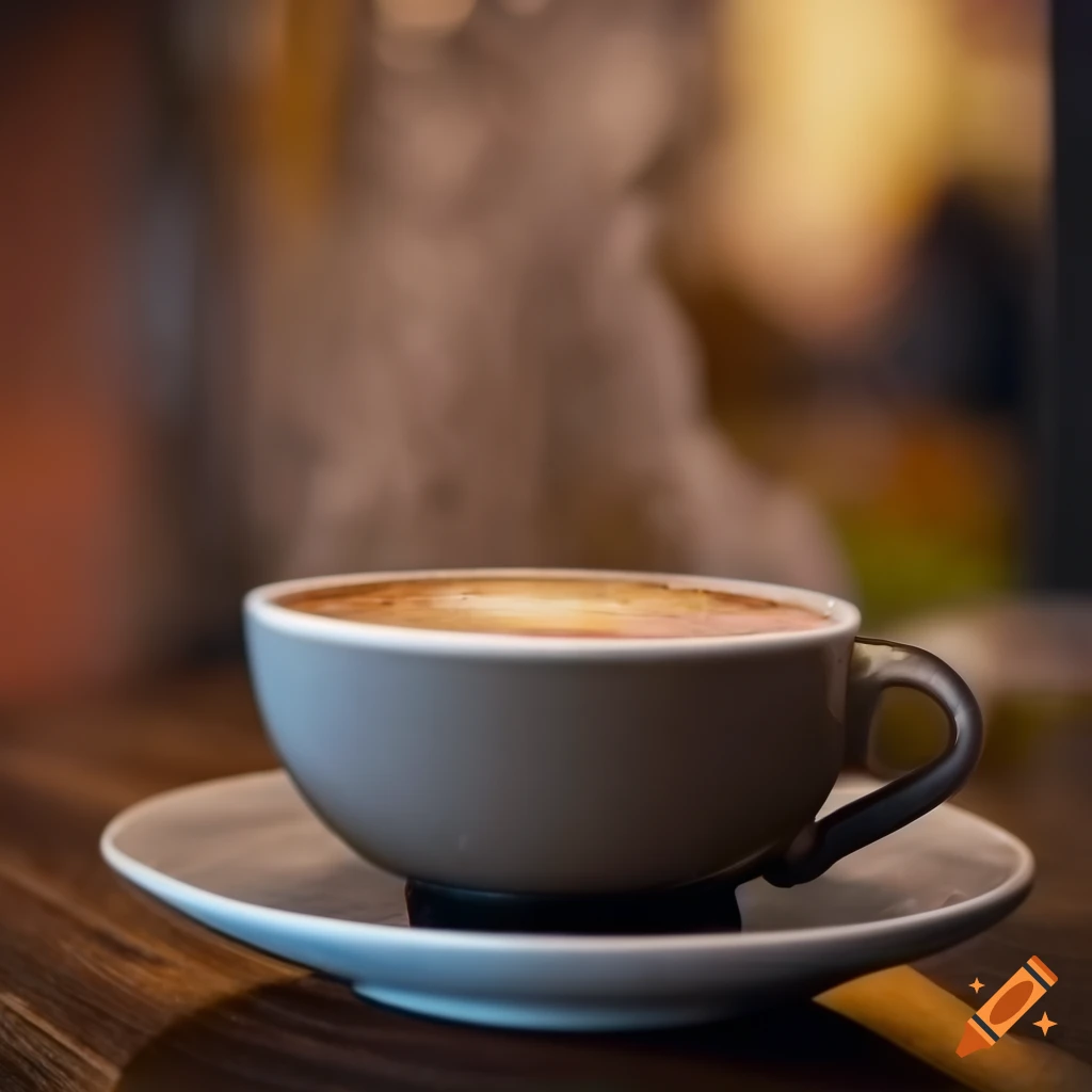 photo of a steaming cup of coffee in a rustic wooden cafe
