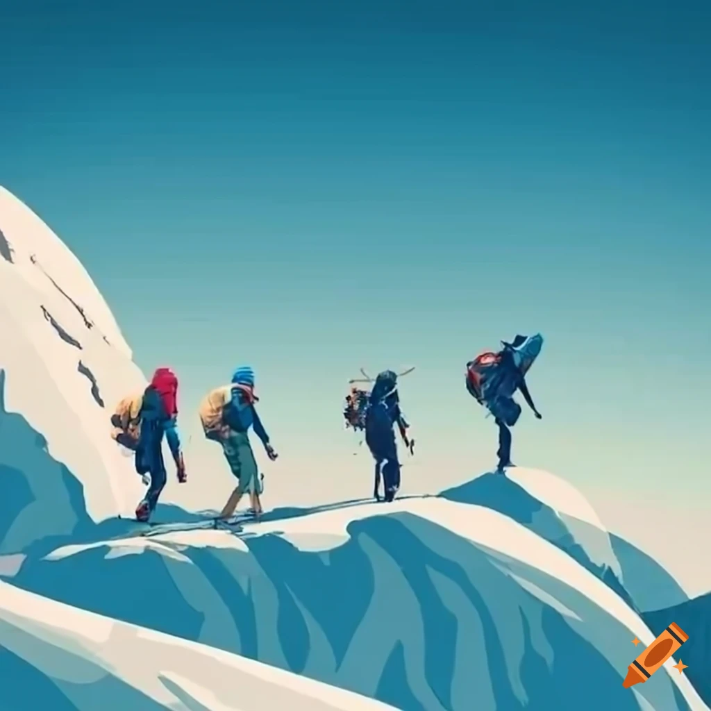 people helping each other climb a mountain