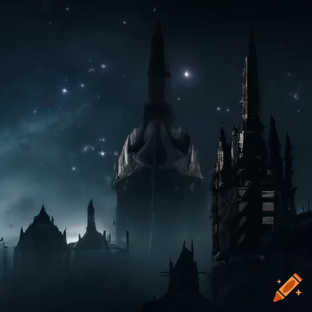 gothic-style space station in dark background