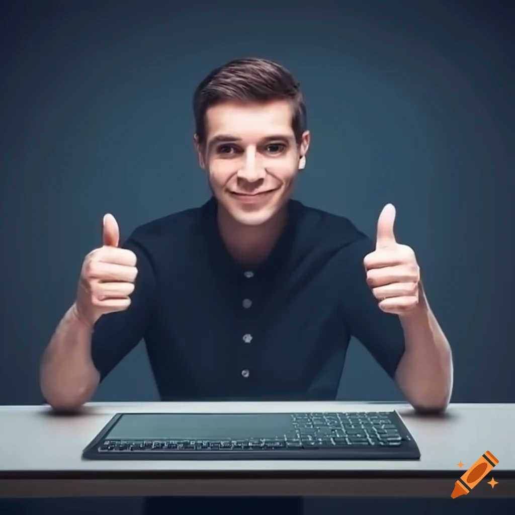 Man thumbs up at computer desk on Craiyon