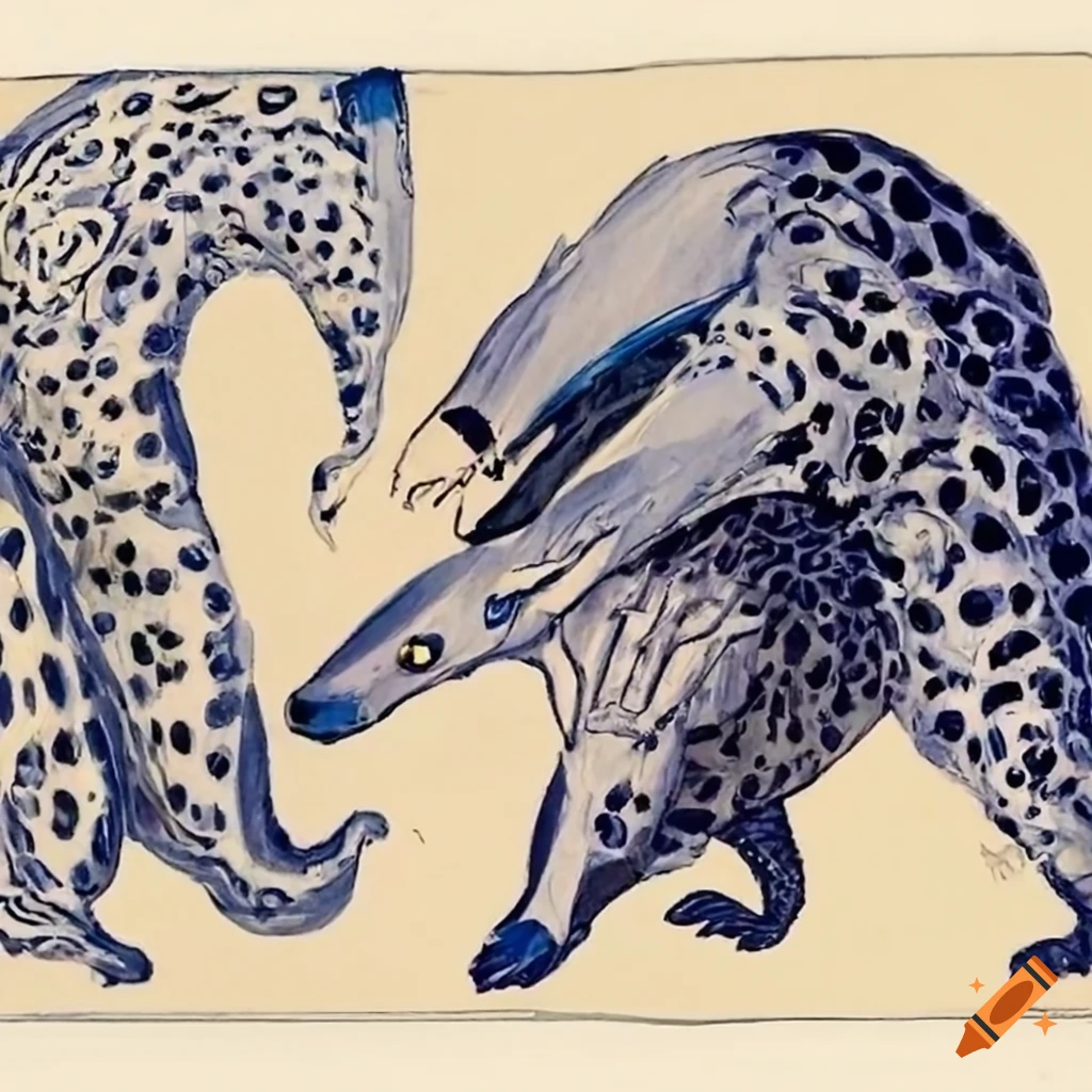 Anteater and jaguar fighting in azulejos style on Craiyon
