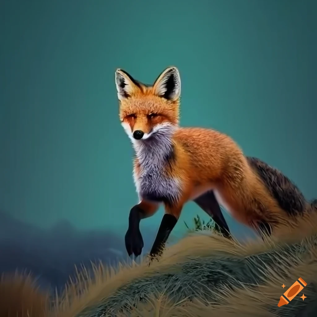 hyper realistic 3D rendering of a fox running in the mountains