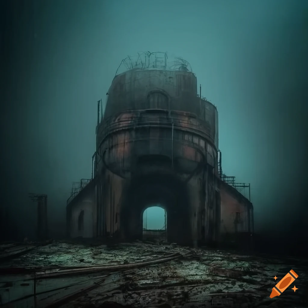 artistic depiction of an abandoned rusty industrial complex in the fog