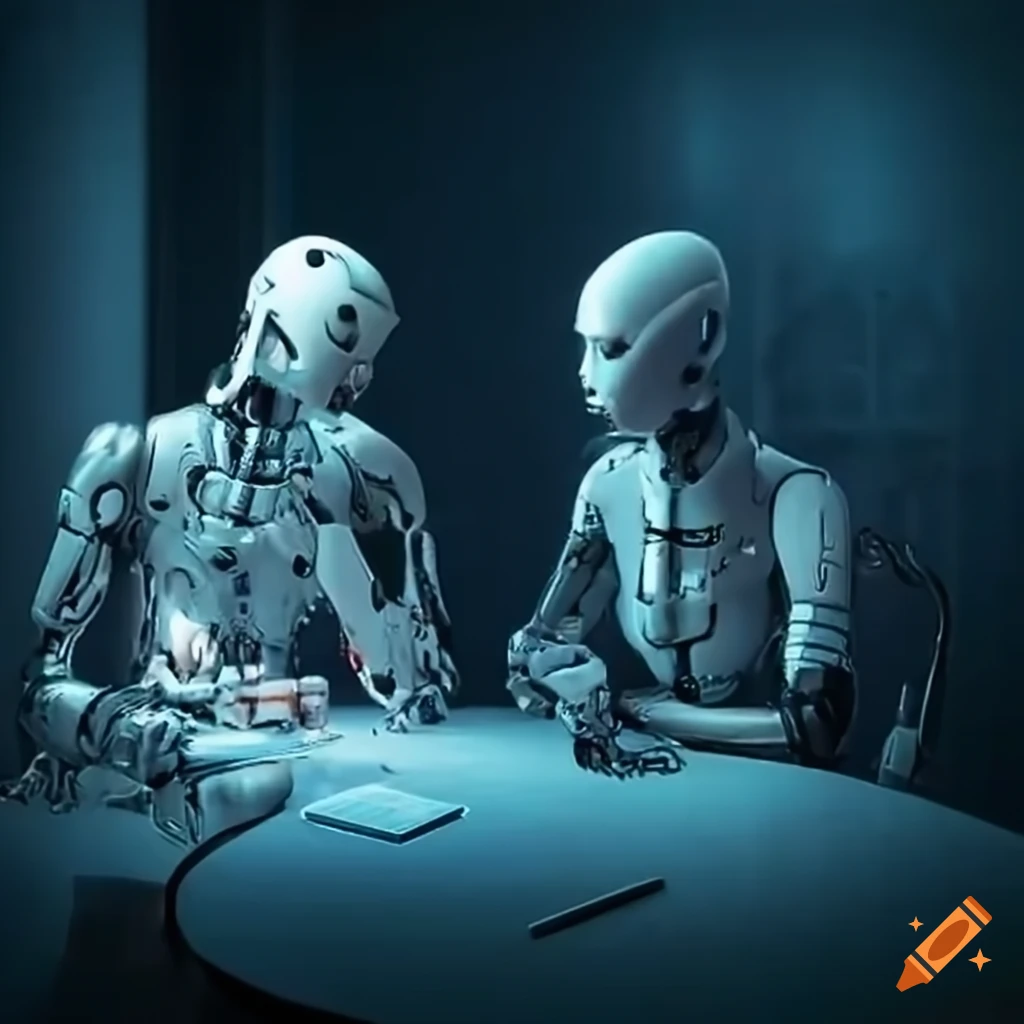 sci-fi scene of cyborgs conversing at a table