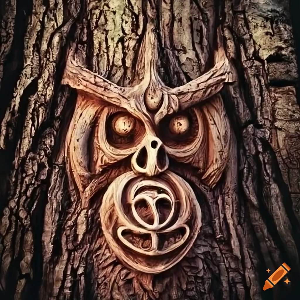 Intricately carved symbols on a tree