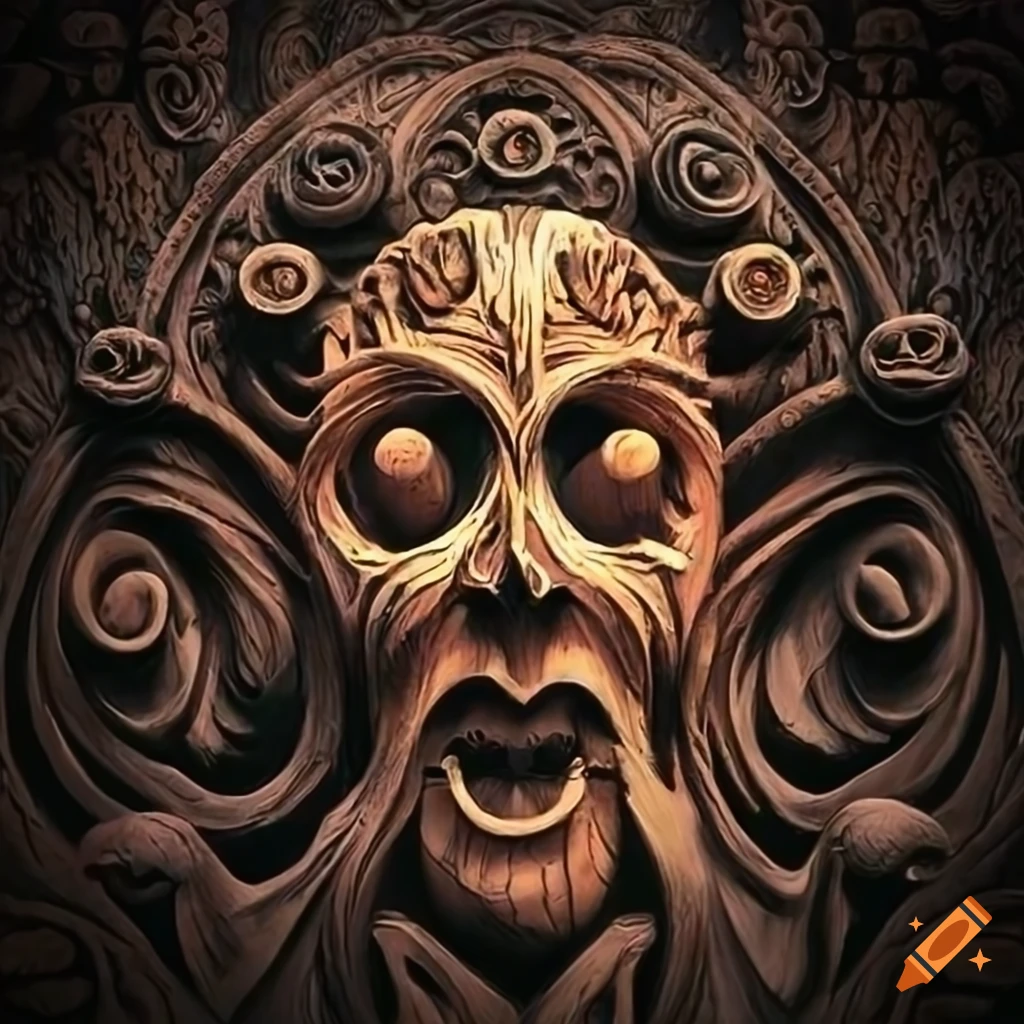 Intricately carved symbols on a tree