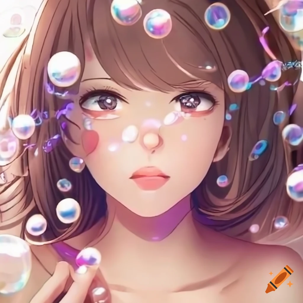 anime portrait of a woman blowing bubbles