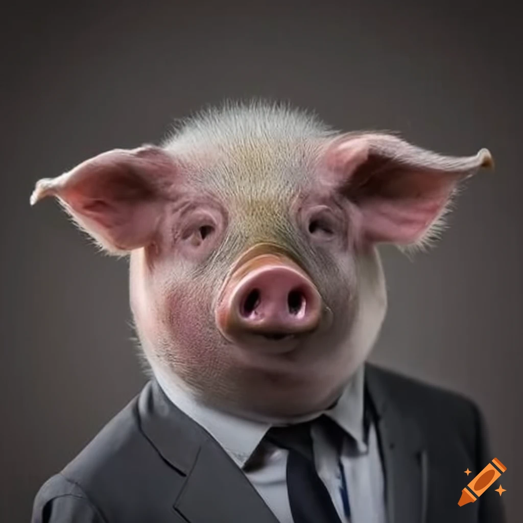 surreal artwork of a pig head with human eyes in a suit