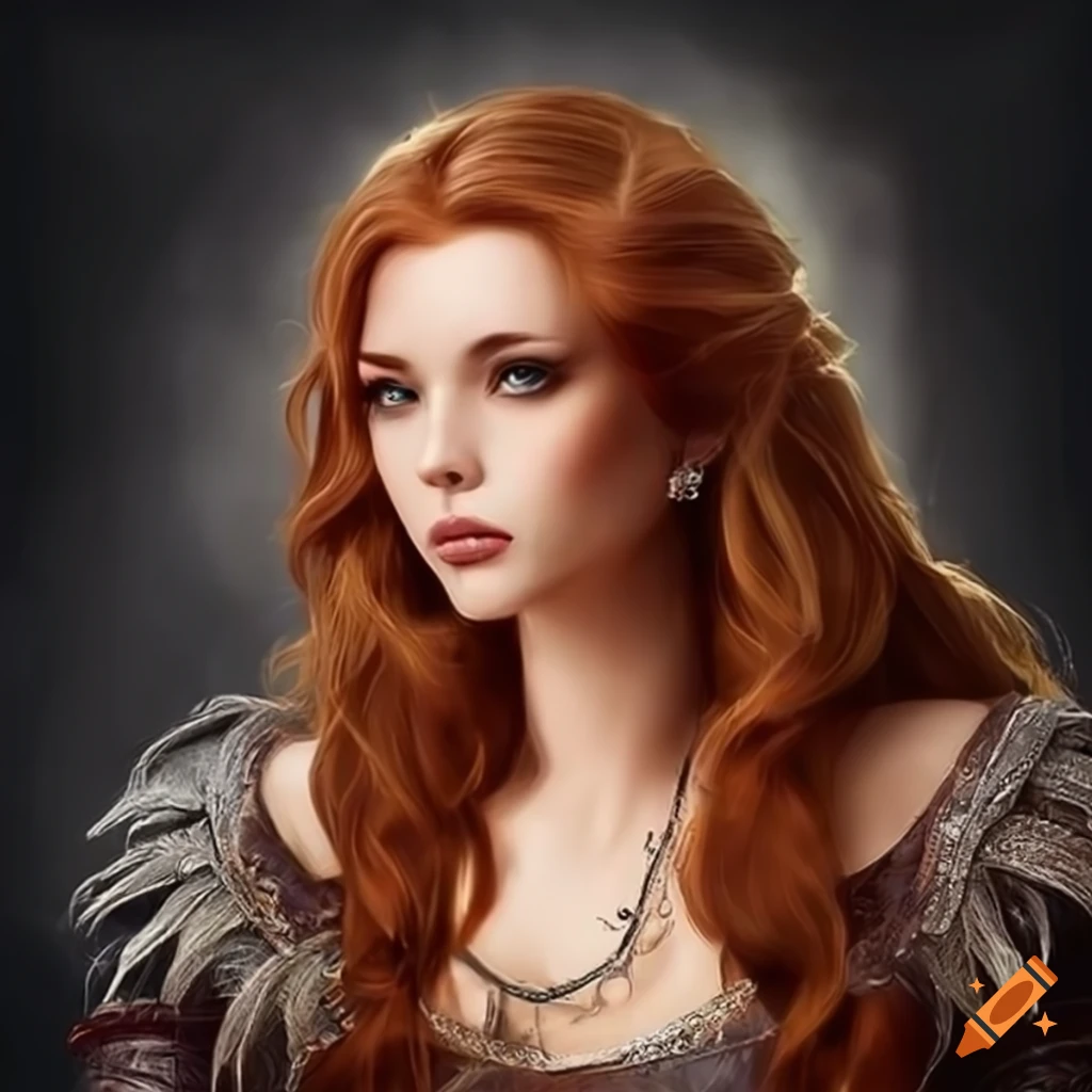 portrait of auburn-haired beautiful woman in medieval fantasy setting