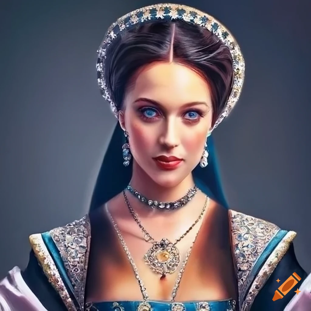 elegant Tudor-inspired fashion with black-haired blue-eyed woman