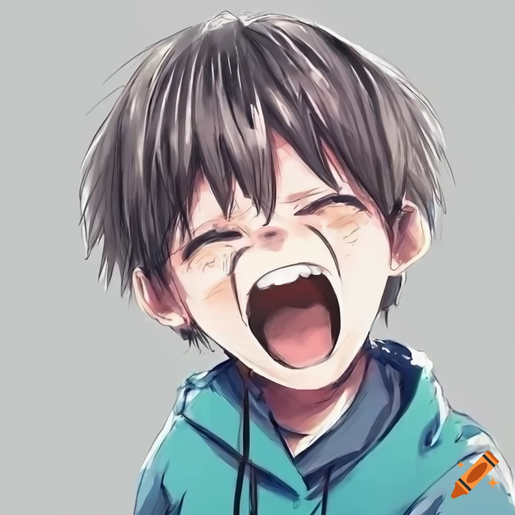 black and white sketch of a happy laughing anime kid