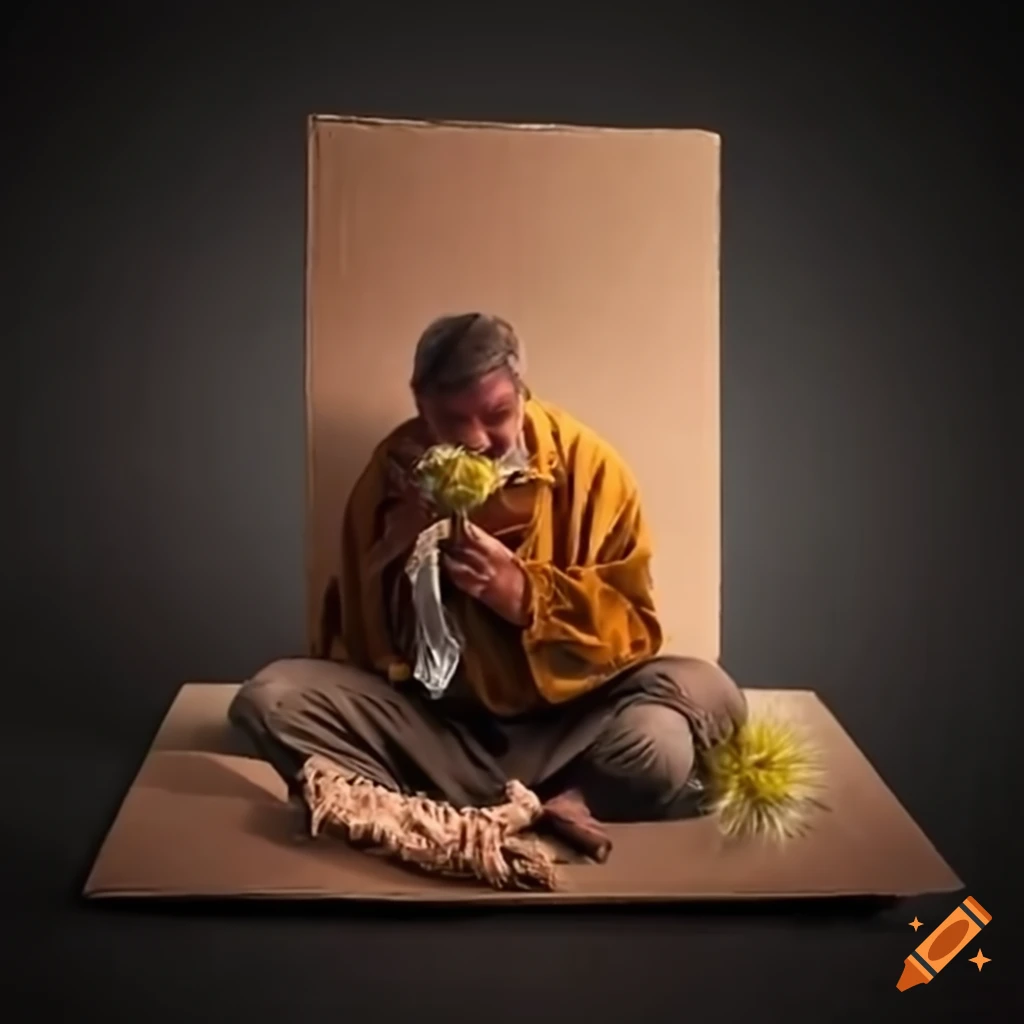 homeless person holding a dandelion