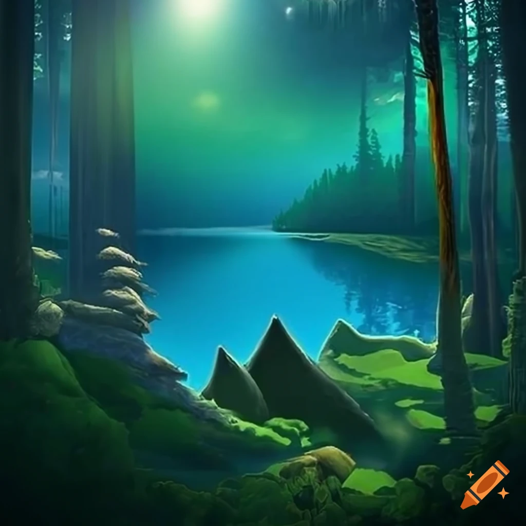 serene mountain landscape with green forest and blue lake