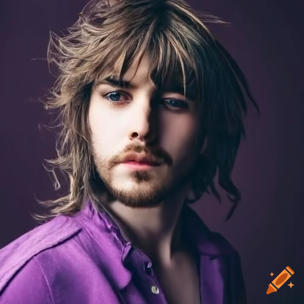 man with long shag haircut wearing purple flannel