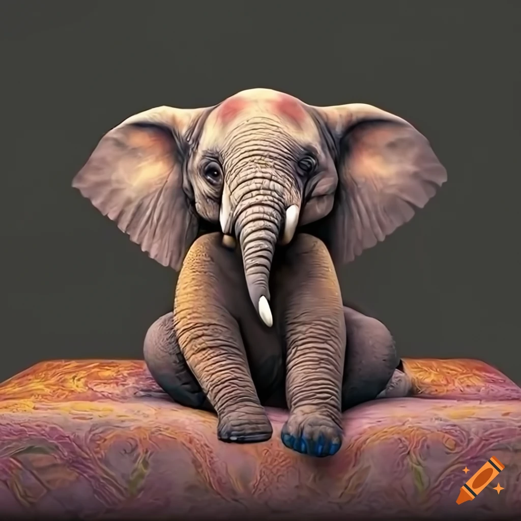 Hyper-realistic 3d art of a cute elephant on a sofa on Craiyon