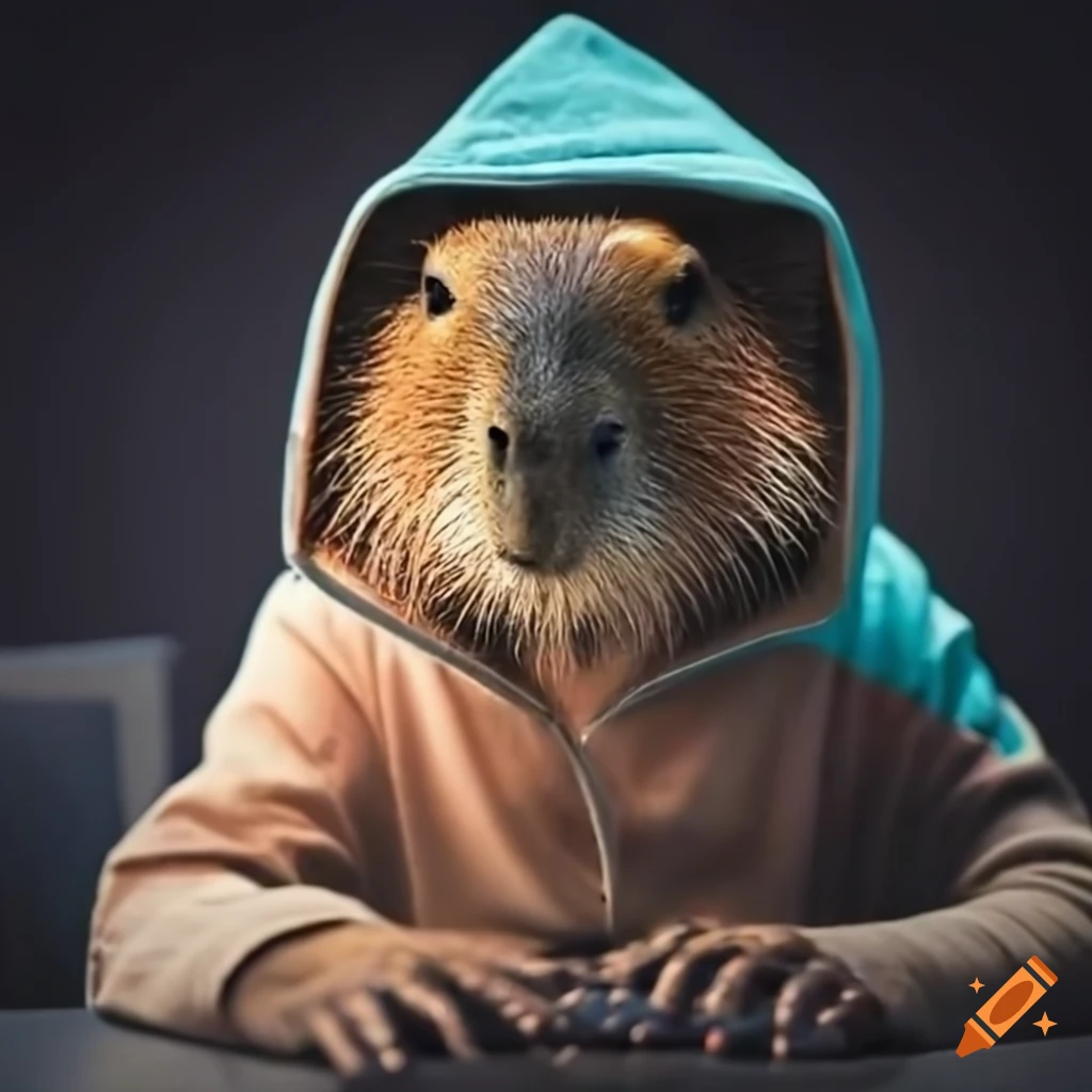 capybara wearing a hacker hoodie typing on a keyboard