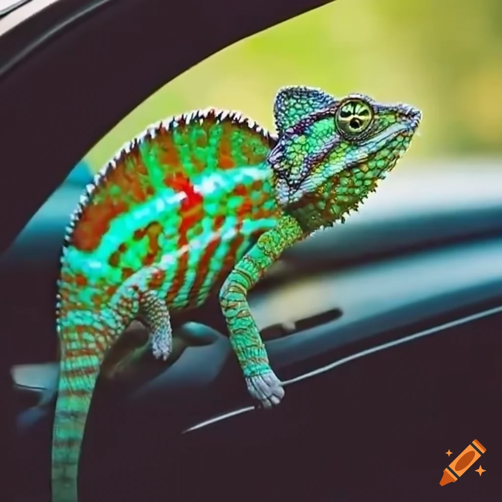chameleon driving a sports car