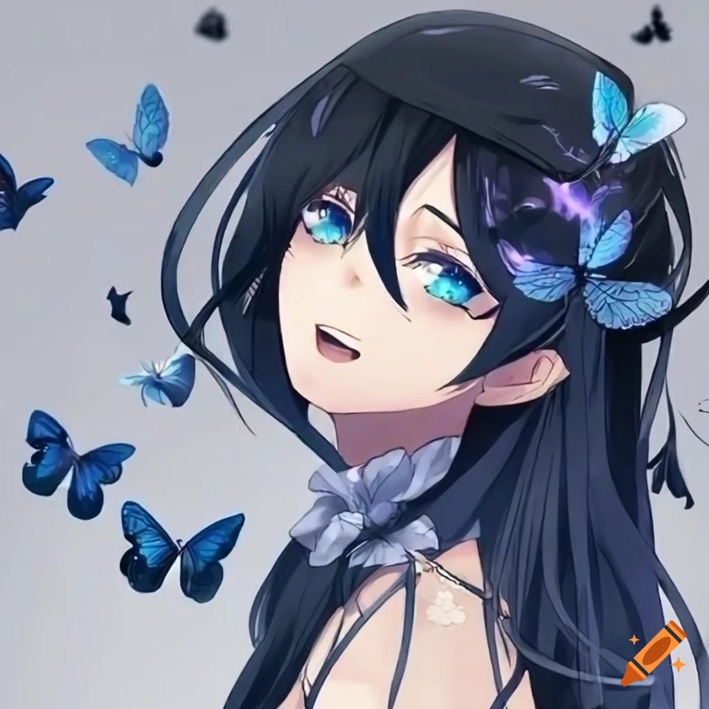 Portrait of female anime character with long black hair and blue eyes on  Craiyon