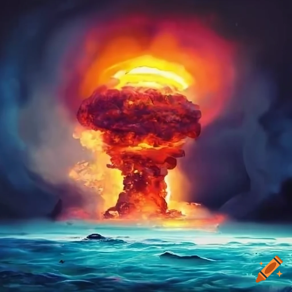 captivating sci-fi art with nuclear explosion near Caribbean isle