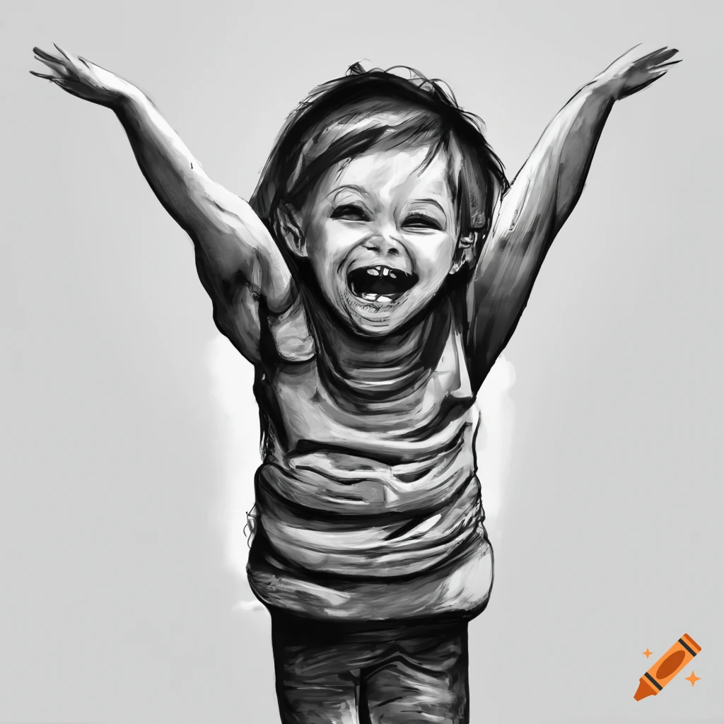 detailed sketch of a laughing child with arms raised