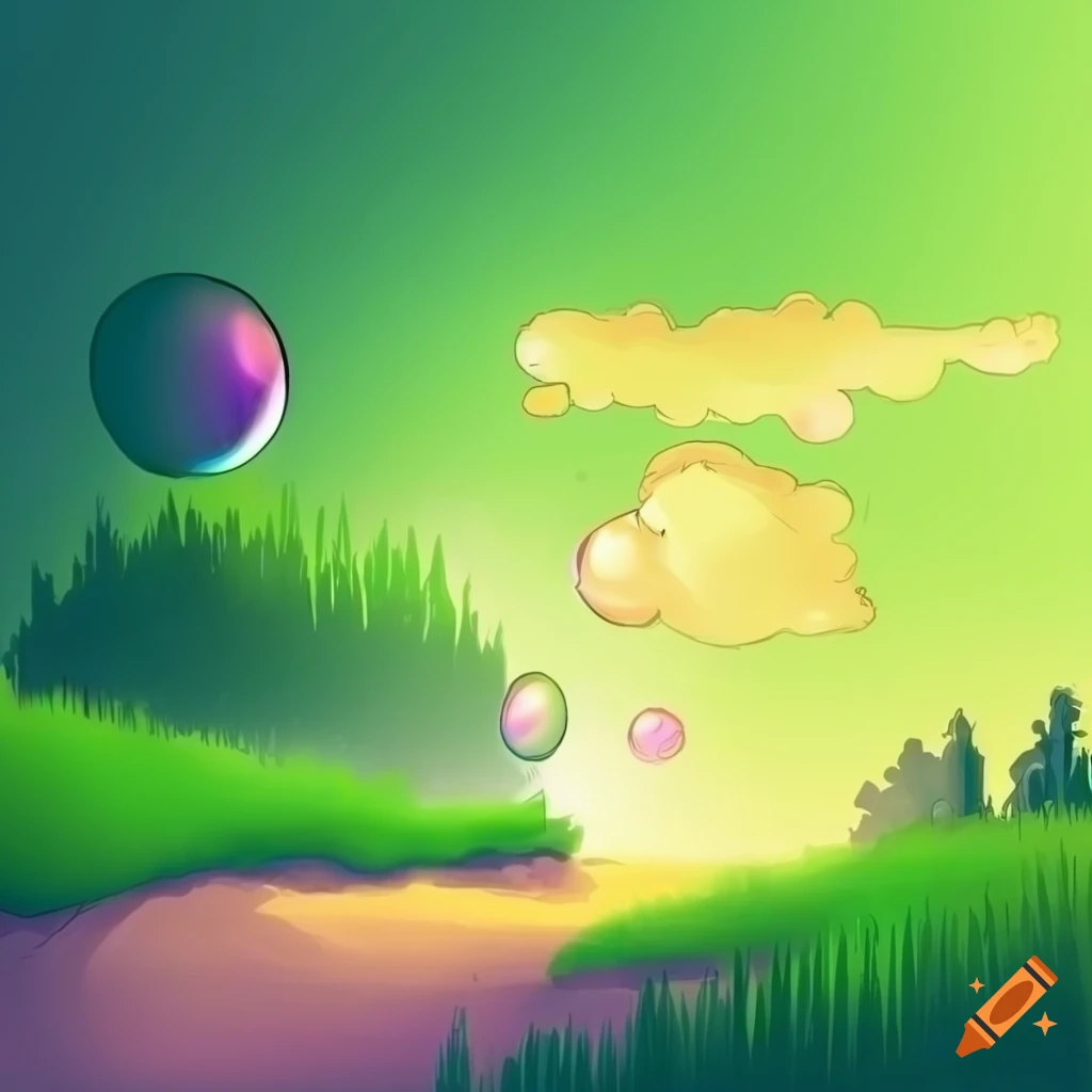 manga-style drawing of soap bubbles and a tower on a green hill