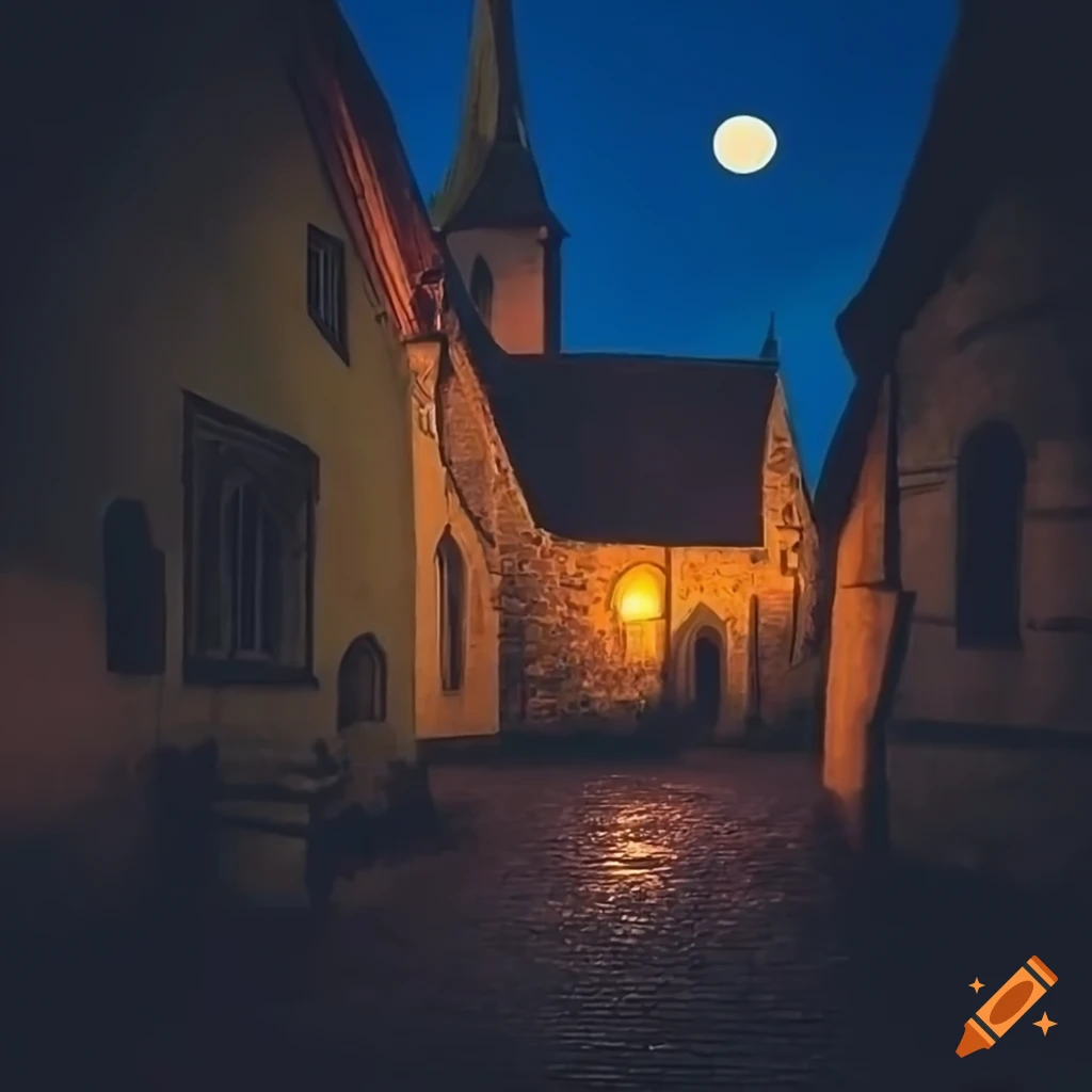 medieval village at night with lanterns